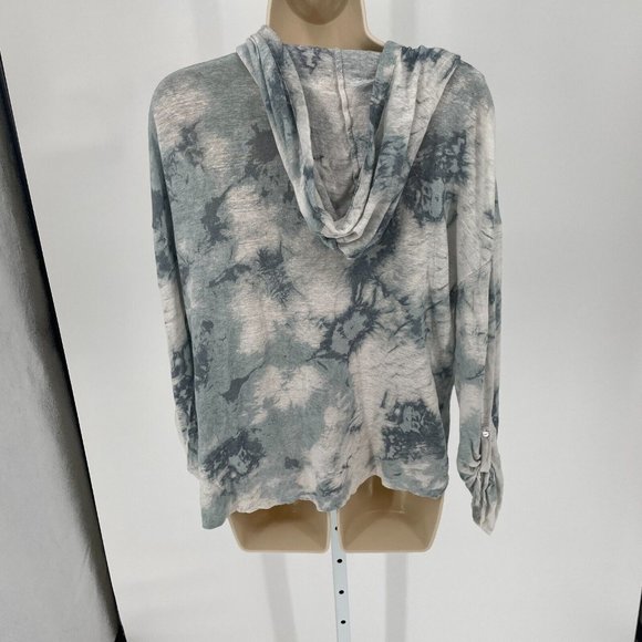 Cynthia Rowley Linen Hoodie Top Blue Tie Dye Roll Tab Sleeves Womens Sz Large - Picture 2 of 8